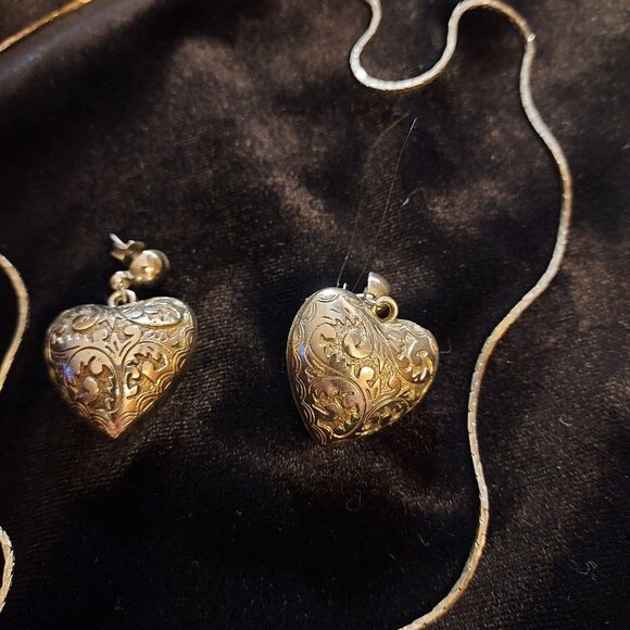 Heart Pendant 80's Tooled Puffed Pewter Silver Color Necklace & Earrings - Picture 5 of 12